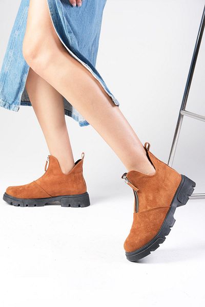 Mio Gusto Jill Tan Colored - Thick Sole Women's Boots with Front Zipper and Lining