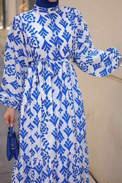 shalby Φόρεμα Zenn Pattern Semi Buttoned Belted Hijab Plus Size Saks Blue
