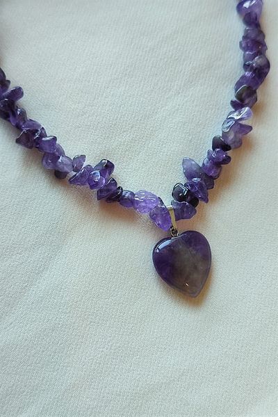 badeaccessories Certified Dark Amethyst Heart Cracked Natural Stone Necklace