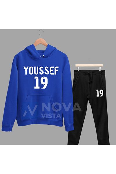 Biy Store Unisex Yusuf En-Nesyri Blue Hooded Winter Sweatshirt and Sweatpants Set - Back Lettering Jersey Printed