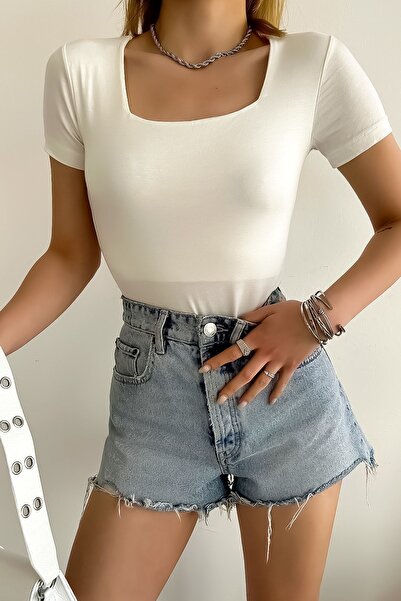 LACHT Γυναικεία κοντομάνικη τετράγωνη λαιμόκοψη Λευκή μονόχρωμη μπλούζα βισκόζης