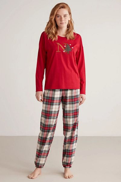 Nautica Nautica Crew Neck Long Sleeve Women's Pajamas Set - Modal Cotton Top Plaid
