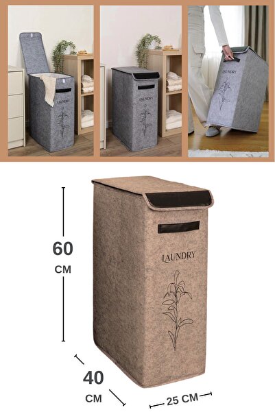 Evren Keçe Çamaşır Sepeti, Deri Detaylı Kirli Sepeti Çok Amaçlı Oyuncak Sakla...