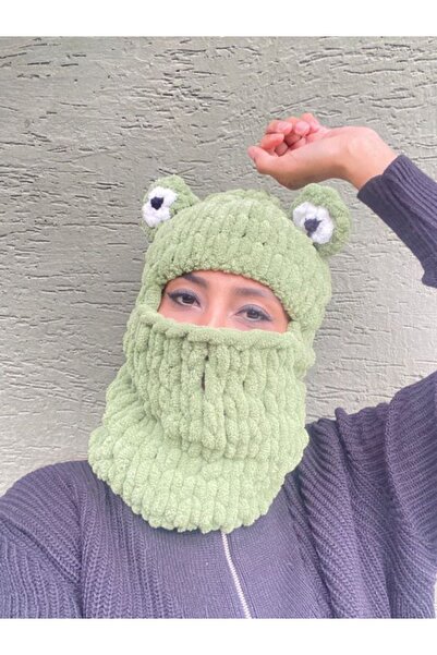 Yosun İşletme Yeşil Kurbağa Puffy Kar Maskesi Balaklava Yeni Trend Bere El Yapımı El Örgüsü Şapka