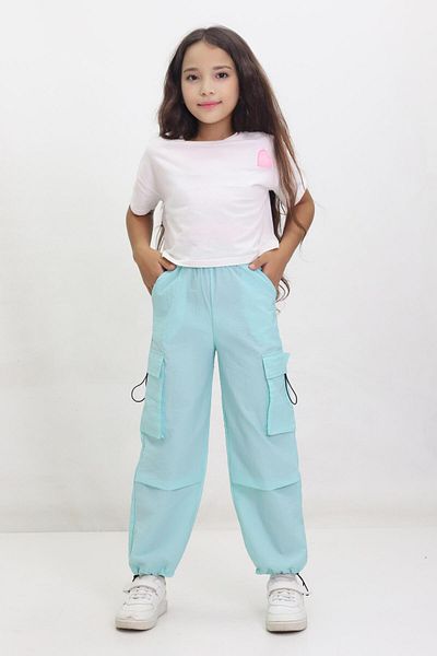 Kamex Pantaloni de școală de culoare turcoaz - Buzunar cargo parașută și Stopr