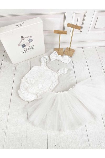 Hobidik White Lace Fabric Baby Romper - Jumpsuit and Skirt Clothes Band Set
