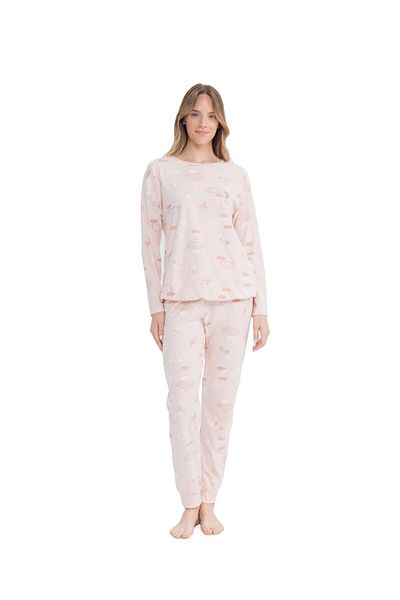 U.S. Polo Assn. Set de pijamale cu mânecă lungă cu imprimeu cu gât rotund roz pentru femei
