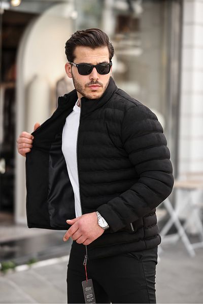 kotpan denim Men's Black Water Repellent Windproof Puffer Jacket - Stand Collar
