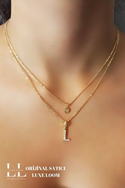 Luxe Loom Zarafetin Işıltısı Kadın Gold Zirkon Taşlı Küçük Kalpli L Harfli Çi...