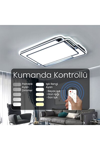 CATLUZ Işık Dikdörtgeni Kumandalı Dimli 3 Işık Renkli 90x60cm Led Tavan Lambası, Modern Aydınlatma