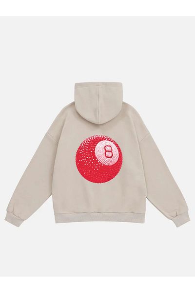 Mad&Calf Κόκκινο φούτερ με στάμπα 8 μπάλας Unisex Oversize με κουκούλα Fleece