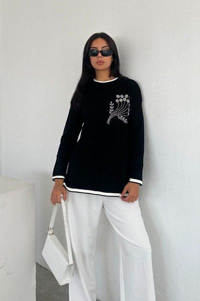 Ded COLLECTION Tunica de dama tricotata cu broderie florala la piept