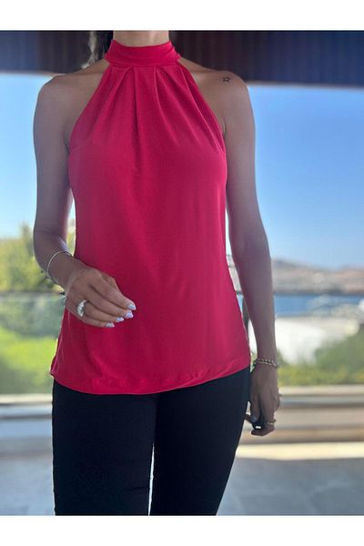 Atelier Derin Halter Neck Red Blouse