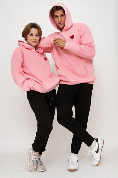 Jooy Company Heart Printed Lover Couple Συνδυασμός Φούτερ με ροζ κουκούλα Σετ 2 τεμαχίων