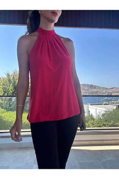 Atelier Derin Halter Neck Red Blouse