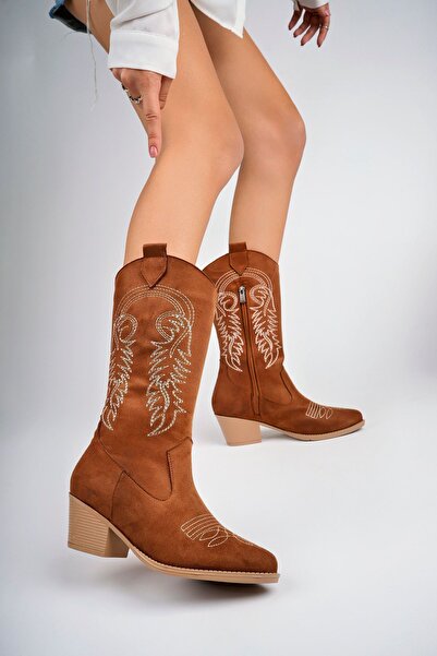 meyra'nın ayakkabıları Γυναικείες καουμπόικες μπότες Tan Suede Κεντημένες - Με φερμουάρ