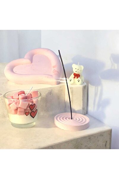 M&C Concept Dekoratif Cam Kase Kalpler Soya Mum Pembe Kalp Organizer Tabak Se...