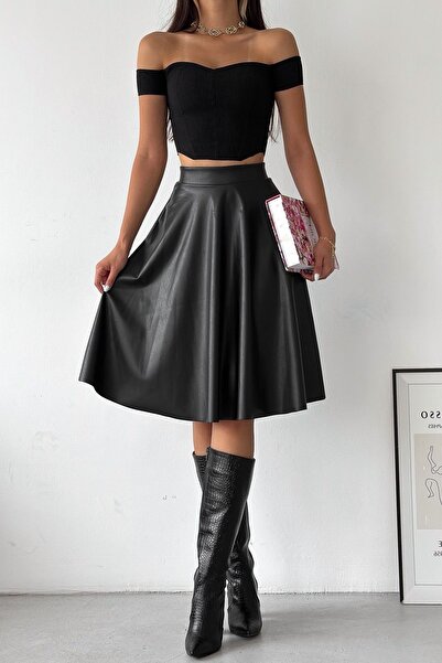 KAŞİHA Siyah Içi Yünlü Diz Boyu Full Esnek Kiloş Deri Etek