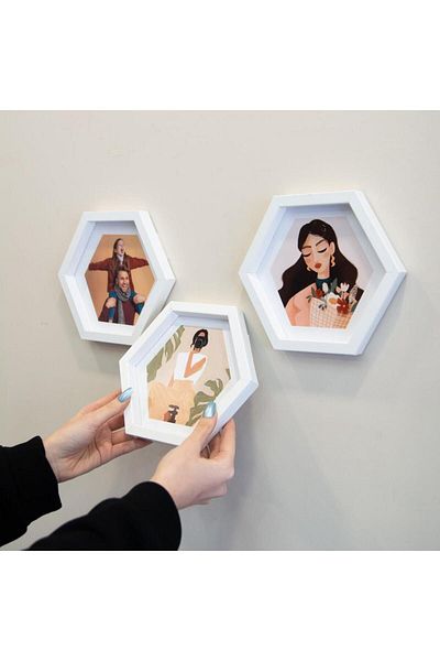 Nobbystar Adhesive Disconnect Medium Size White Hexagonal Photo Frame - Pack of 3