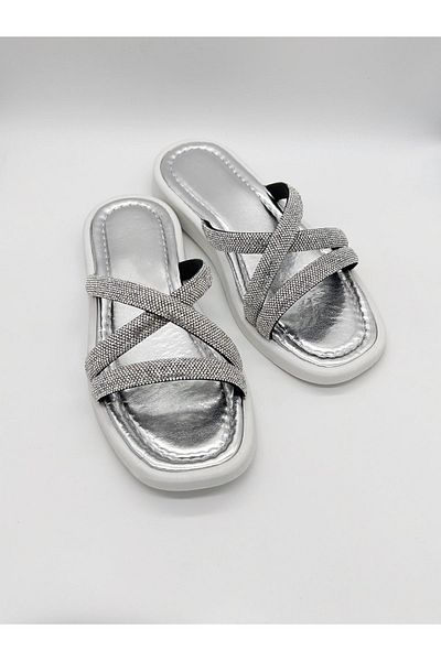 MAGGIO White Stoned Women's Slippers - Suitable for Summer, Beach and Daily Vacation