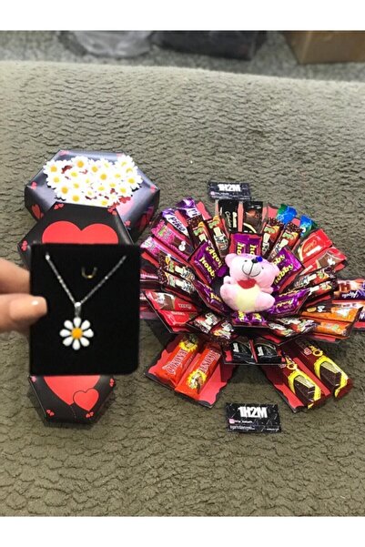 1H2M Hediyelik Kolyeli Çikolatalı Papatyalı Kutu 1h2m Jjjjjjjkkkkkk