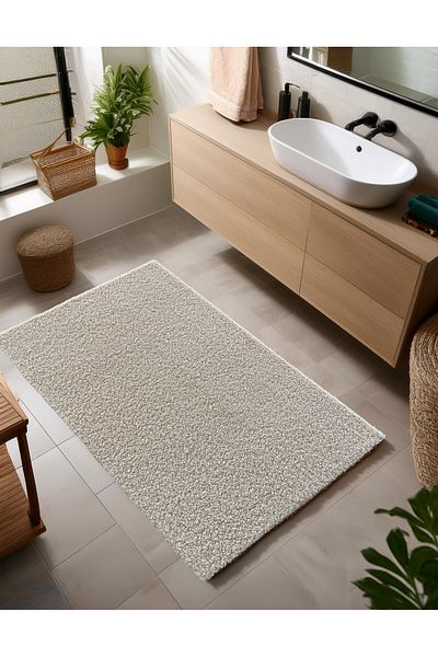 Prizma 2-Piece Curly and Non-Slip Washable Bathroom Rug - Beige (60X100) (50X60)Cm