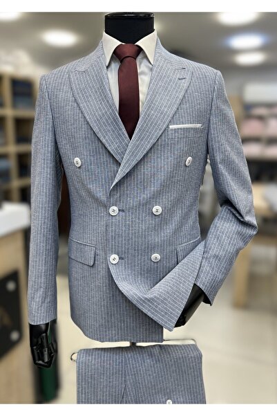 SAVARA Açık Mavi Çizgili Kruvaze Model Takım Elbise(ZİNCİR HEDİYELİ)