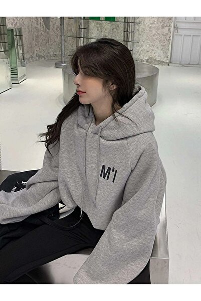 Know Kadın Gri Oversize M'ı Baskılı Sweatshirt