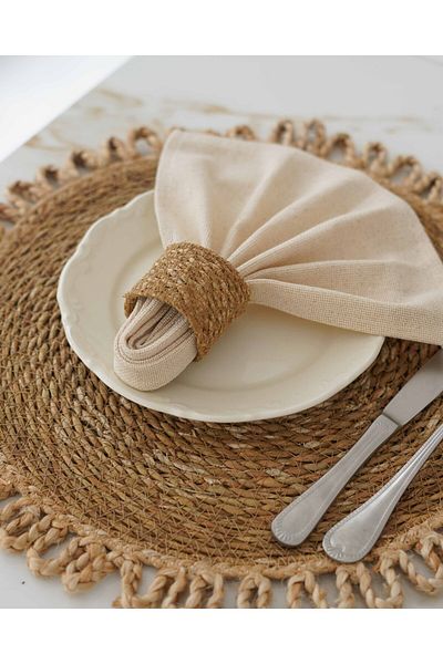 KaiHome 4 Pieces of Straw Rings Napkin and 4 Pieces of 100% Linen Fabric Napkin
