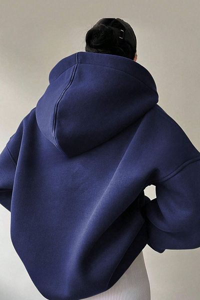 Know Marineblaues Damen-Kapuzenpullover mit 3 Fäden und Relax-Kragendetail in Übergröße