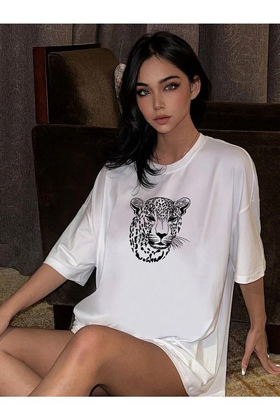 Know Tricou oversize cu imprimeu cu figuri de leopard alb de damă