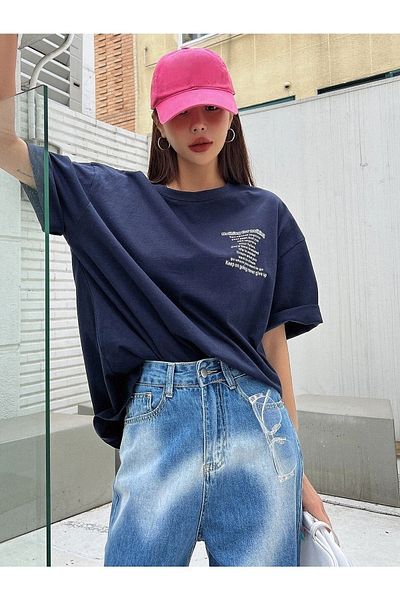 Know Women's Navy Blue Nothing For Nothing Printed Oversize T-shirt