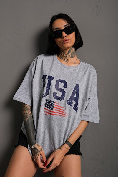 Know USA Flag Printed Gray Oversize T-Shirt