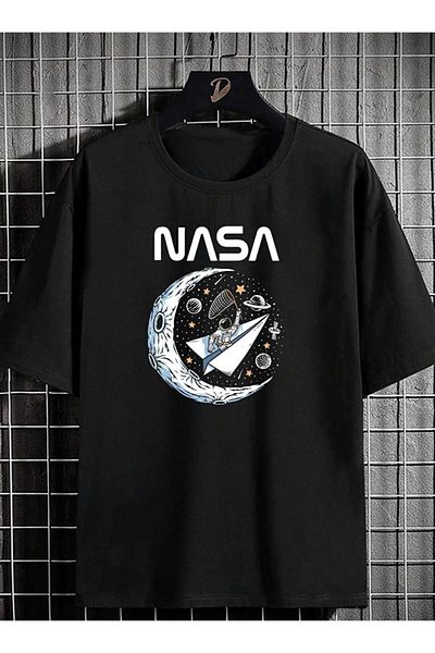 Know Unisex Black NASA Moon Earth Printed Oversize T-shirt