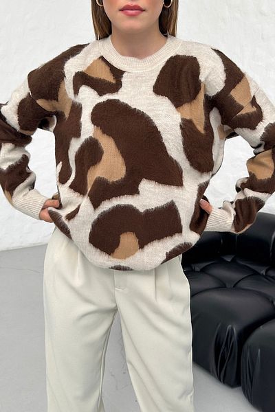 Know Off Shoulder Brown Leopard Patterned Knitwear Sweater