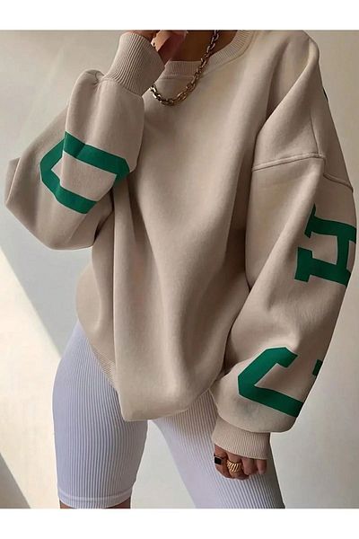 Know Women's 3 Thread Beige Sleeves Chicago Printed Oversize Crew Neck Sweatshirt