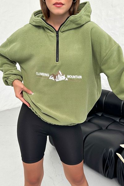 Know Women's 3 Thread Khaki Climbing Mountain Printed Oversize Half Zipper Hooded Fleece Sweatshirt