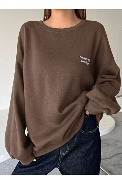 Know Dámska hnedá mikina s 3 vláknami s nepravidelnou potlačou s výstrihom