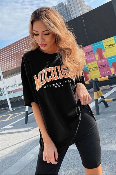 Know Schwarzes, bedrucktes Oversize-T-Shirt „Michigan“ für Damen