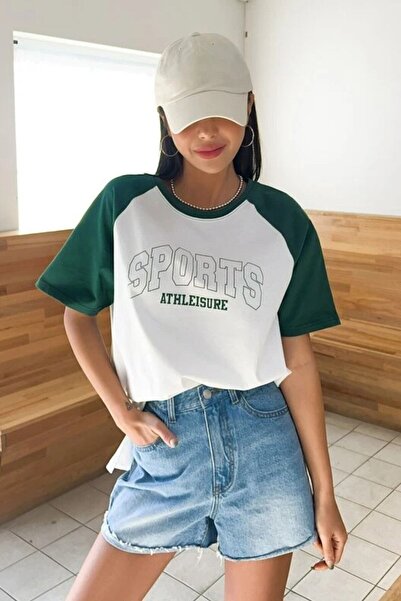 Know Kadın Pamuk Beyaz Kolları Yeşil Sports Baskılı Bisiklet Yaka Oversize Boyfriend T-shirt