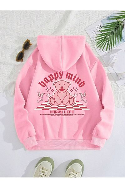 Know Φούτερ με κουκούλα με στάμπα 3 κλωστών Unisex Pink Happy Mind Happy Life