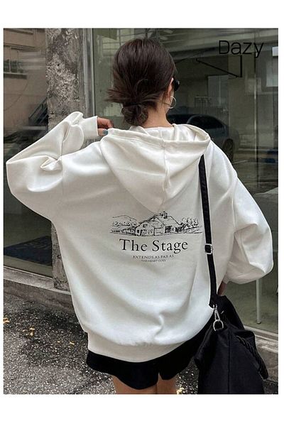 Know Hanorac alb cu glugă cu imprimeu The Stage pentru damă