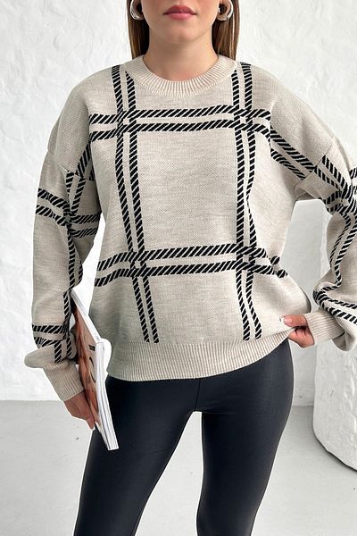Know Beiger Strickpullover mit Karomuster