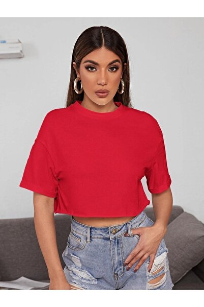 Know Damski czerwony T-shirt oversize z okrągłym dekoltem