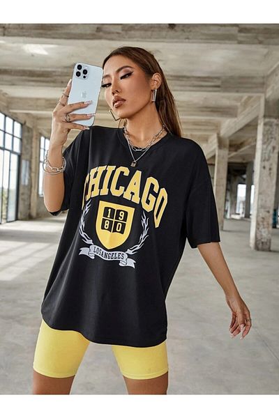 Know Tricou oversize imprimat Chicago 1980 negru pentru femei