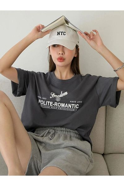 Know Dámské kouřové zdvořile-romantické oversize tričko s potiskem
