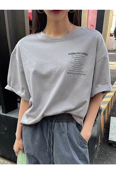 Know Γυναικείο μπλουζάκι βαμμένο γκρι Nothing For Nothing Printed Oversize μπλουζάκι