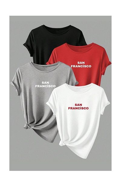 Know Unisex 4 balení San Francisco Oversize tričko s potiskem Bílá Šedá Červená Černá