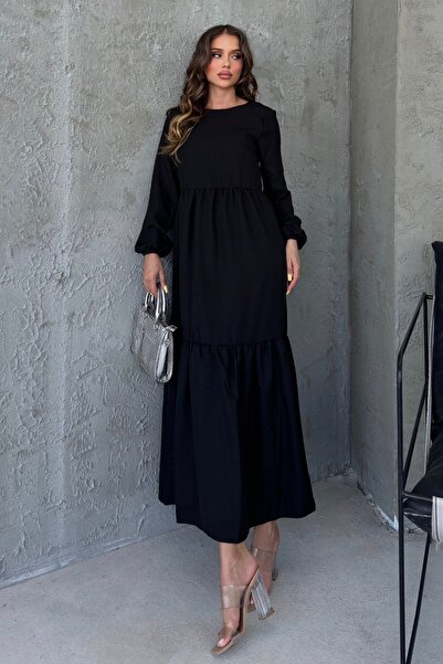Know Μαύρο μακρυμάνικο γυναικείο φόρεμα Frilly Crew Neck