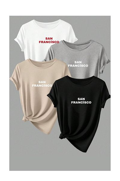 Know Unisex 4 Pack San Francisco Printed Oversize T-shirt Λευκό Γκρι Μπεζ Μαύρο